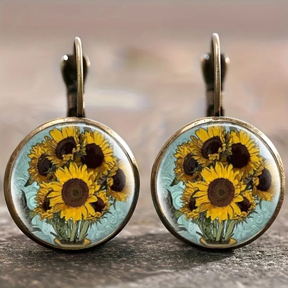 Sunflower Print Retro Round Earrings - Picture 2 of 2